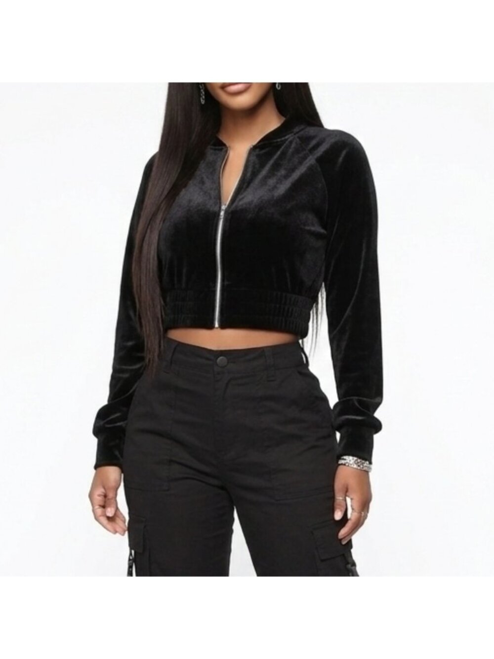 Tic Toc Black Velvet Cropped Zip Up Bomber Jacket Womens Size Large